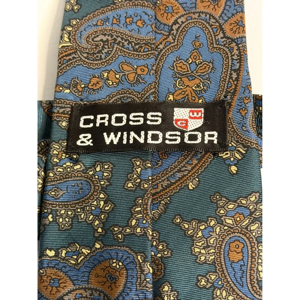 VTG‎ Cross & Windsor Necktie Teal Blue Paisley Silk Handmade Classic Mens Tie